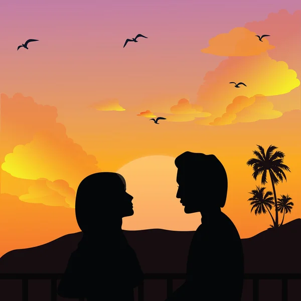 Paar Silhouette Romantik Mann Frau Mädchen Sonnenuntergang schöner Himmel am Strand — Stockvektor