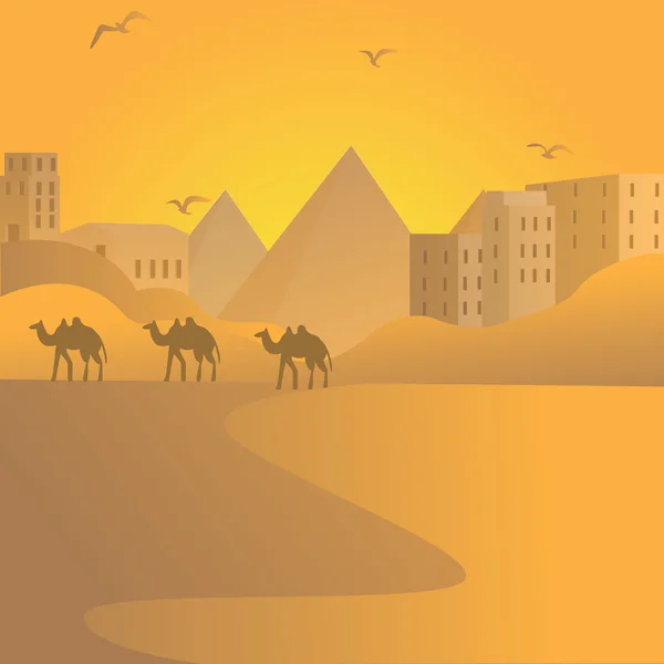 Camel caravan travel in desert with pyramids of Egypt at background Arab building — Stock Vector