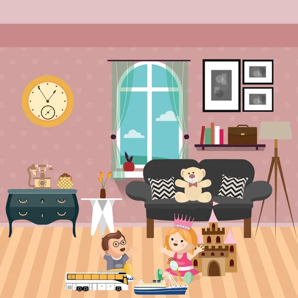 Enfants jouent dans la chambre avec beaucoup de jouets et de poupées canapé derrière — Image vectorielle