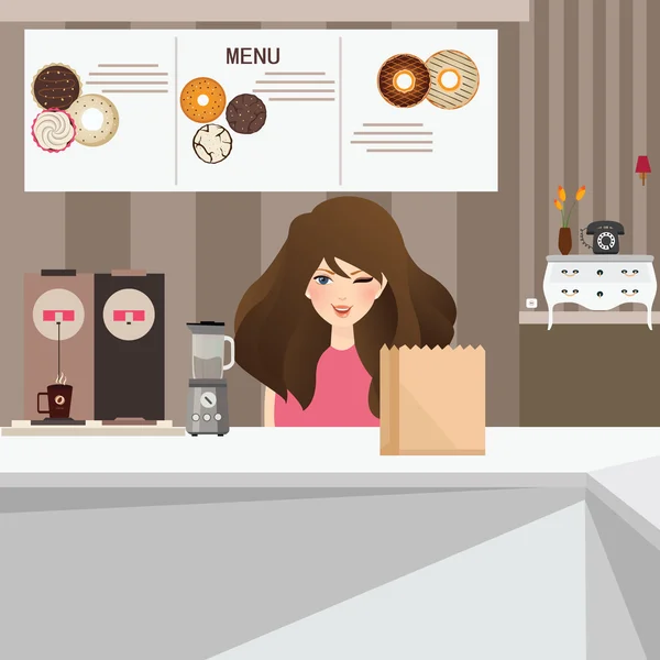 Mujer sonrisa del cliente femenino en la cafetería con rosquillas y café en el interior de fondo — Archivo Imágenes Vectoriales