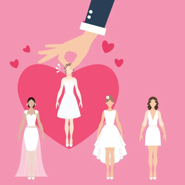 Man pick select meisje als bruid vrouw huwelijkszaken match maken — Stockvector