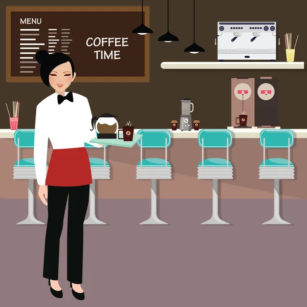Camarera cafetería sosteniendo café servir con el interior del restaurante detrás como puesto y menú — Vector de stock
