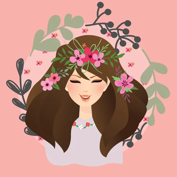 Όμορφα κορίτσια γυναίκα με λουλούδια γύρω από το κεφάλι τσιγγάνων μποέμ στυλ — Διανυσματικό Αρχείο