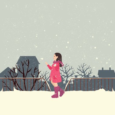 Karda ceket giyen kızlar Soğuk havanın tadını çıkarmak.