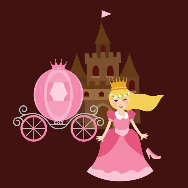 Princess cinderela with shoes carriage and castle behind — Stock Vector