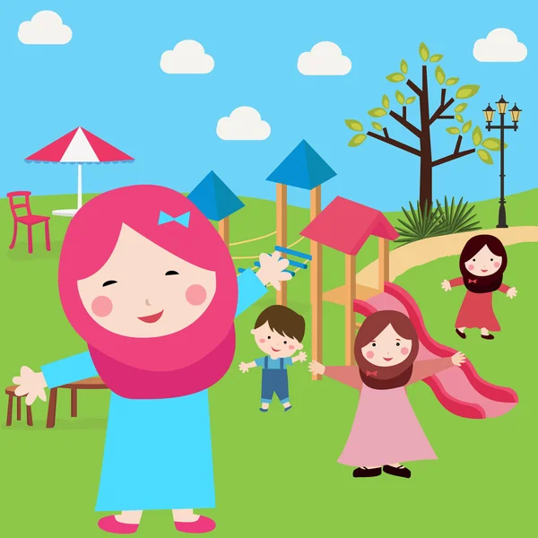 Gyerekek iszlám lányok és fiúk, szórakozás a parkban viselt fátyol csúszó fa — Stock Vector