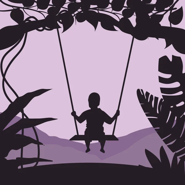 Chlapec houpání ve stromu Vychutnejte si časovou siluetu — Stockový vektor