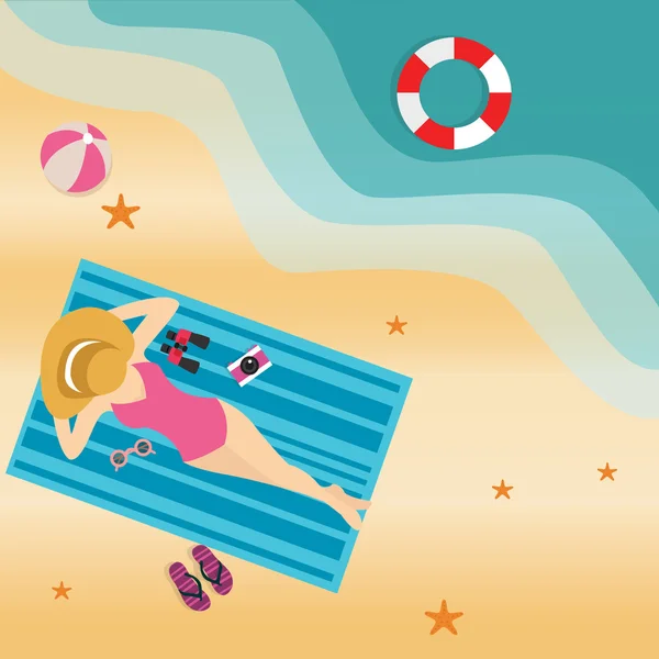Fille femme couché à la plage sable soleil bronzage porter chapeau vue de haut — Image vectorielle