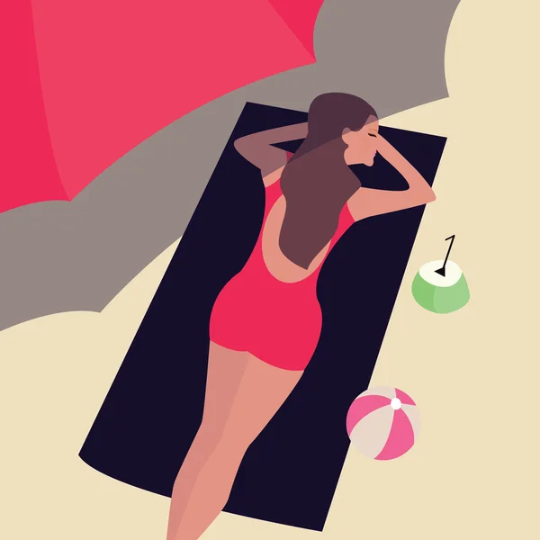 Girl woman lying at beach sand sun tanning under umbrella shadow — Stock Vector