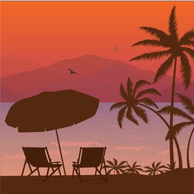 plaj günbatımı iki sandalye palmiye ağacı ve şemsiye siluet