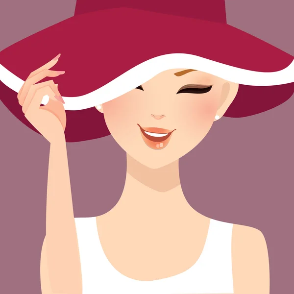 Szép nő hölgy női viselt kalap mosoly illusztráció — Stock Vector
