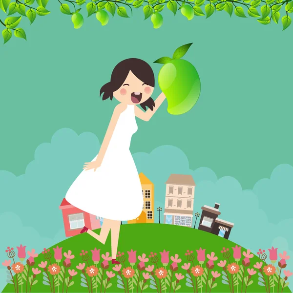 Lány karikatúra mosoly boldog Holding mangó gyümölcs fa ág és levél körül a zöld mezőben — Stock Vector