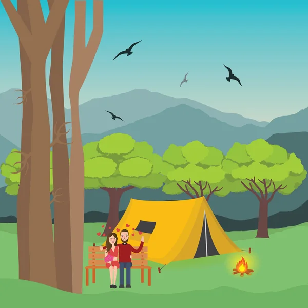 Couple camping in forest man and woman with fire in front of the tent  mountain trees at the background — Stock Vector