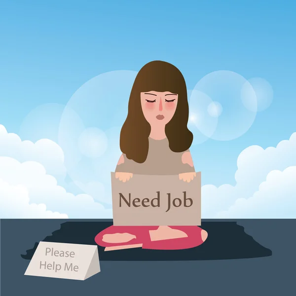 Mujer necesita trabajo pidiendo ayuda escribir en cartón — Vector de stock