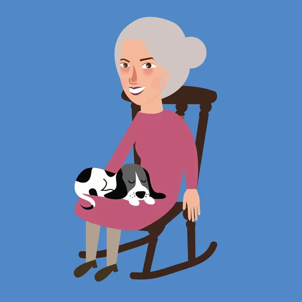 Old lady woman senior with cat sleeping in her lap sitting in chair — Stock Illustration Old lady woman senior with cat sleeping in her lap sitting in chair Stock Vector