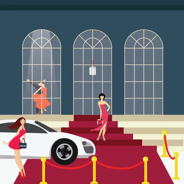 Mädchen auf rotem Teppich von Auto-Glamourparty — Stockvektor