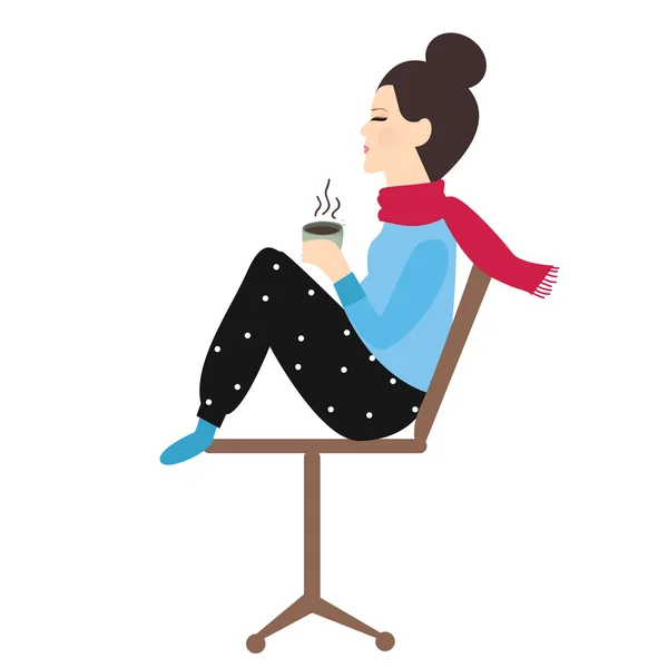 Woman holding coffee tea mug in chair enjoy her drink in cold weather — Stock Vector