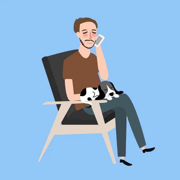 Hombre sentado junto con su gato en vintage silla llamando teléfono — Archivo Imágenes Vectoriales