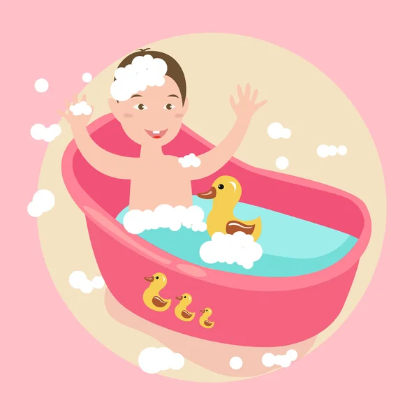 Kids happy play water in bath with rubber duck soap all around — Stock Vector