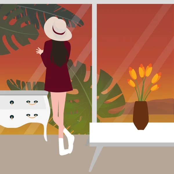 Mujer chica mujer mirando ventana de cristal por detrás de usar sombrero puesta del sol — Vector de stock