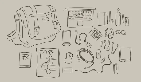 가방, 헤드폰, 책, 잡지 모든 벡터에에서 노트북에서 내부 것 들의 스케치 — 스톡 벡터