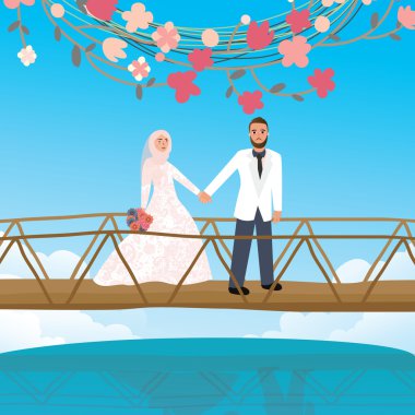 eşarp duvağı İslam sembolü giyen köprü kadın elini tutarak Çift
