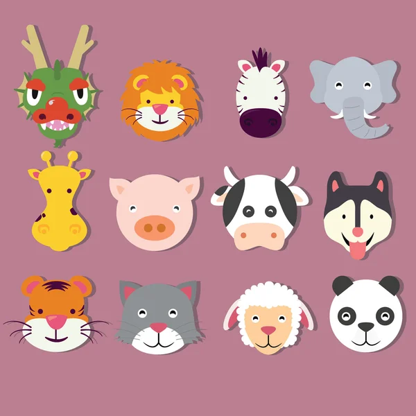 Animal icon set faces mask vector cute of dragon lion tiger panda pig elephant sheep cat — Stock Vector