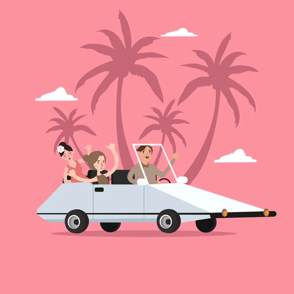 Група людей їздить на машині відкритою для подорожей відпусткою з пальмою позаду — стоковий вектор