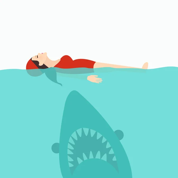 Tiburón mordazas atacan mujer nadando en el agua del mar — Vector de stock