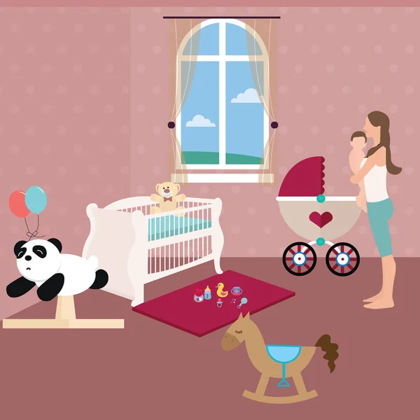 赤ちゃんのベビーベッドおもちゃとママを保持している保育室、 — ストックベクタ