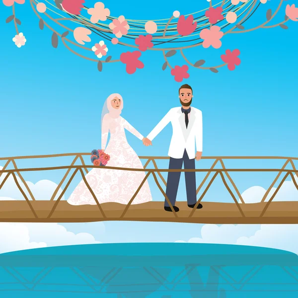 Casal de mãos dadas em mulher ponte vestindo véu lenço símbolo islâmico — Vetor de Stock