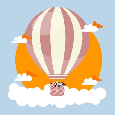 sıcak balon arkadaşlar vektör illüstrasyon seyahat ile gökyüzünde uçan insanlar çocuklar