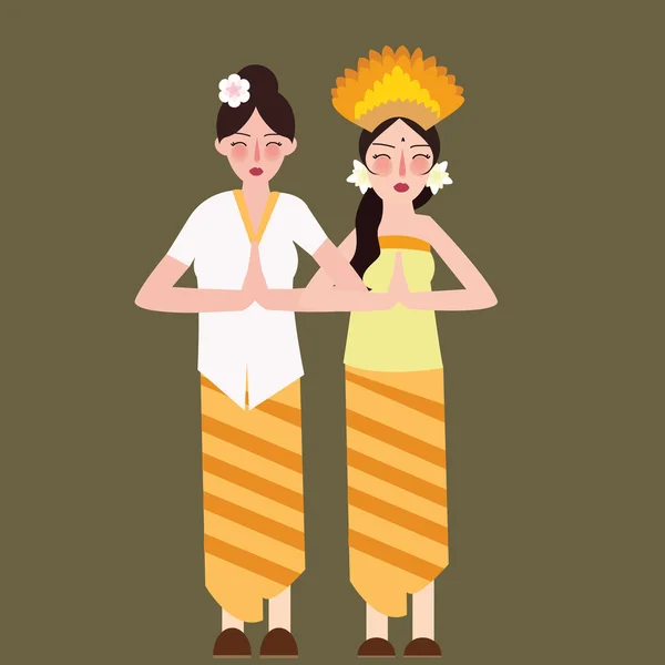 Dvě dívky představují Indonésie etnická skupina nosí tradiční oblečení oblečení úsměv krásný — Stockový vektor