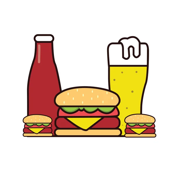 Burger cerveza salsa ilustración dibujo en línea esquema estilo — Vector de stock