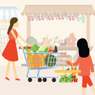kadın kız anne alışveriş sepeti kullanarak satın sebze süpermarket sağlıklı malzemelerle