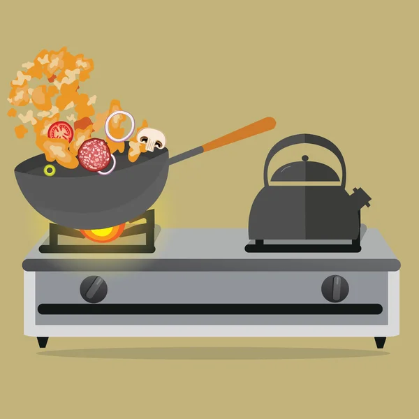 Sartén cocina revuelto vegetal y carne en la parte superior de la estufa — Vector de stock