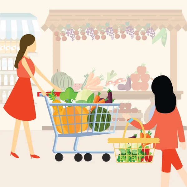 Kvinna tjej mamma shopping med vagn köpa grönsaker på supermarket hälsosamma ingredienser — Stock vektor