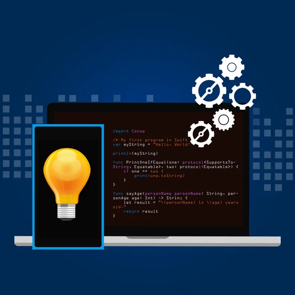 Código de lenguaje de programación de aplicaciones móviles cabezal de teléfono inteligente e idea — Vector de stock