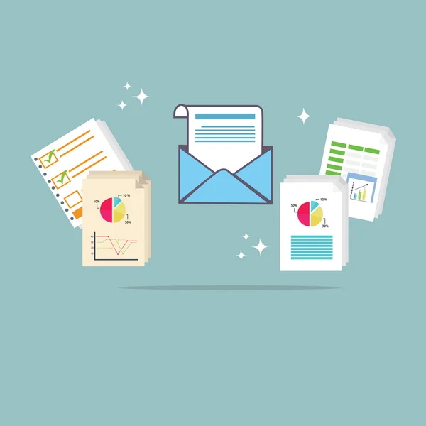 Inviare newsletter via email, illustrazione grafico dati, busta aperta — Vettoriale Stock