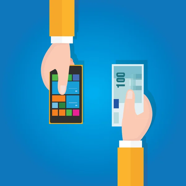Comprar comprar teléfono móvil usado inteligente gadget precio con la mano celebración de dinero — Vector de stock
