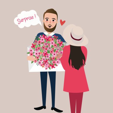 adama ver kız çiçek buketi sürpriz vektör çizim