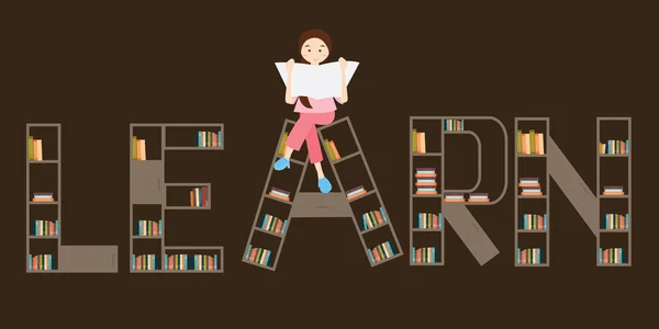 Läs bok hylla tjej läser på toppen — Stock vektor