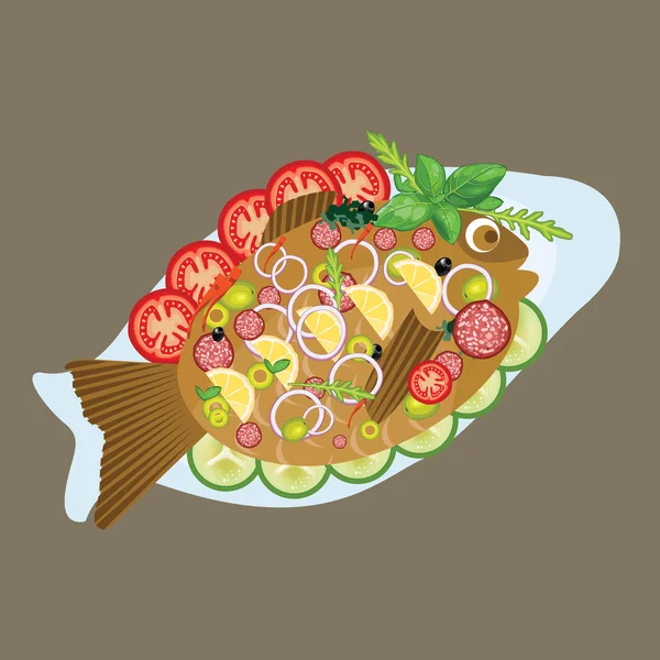 Grilled fish in a plate sea food dinner lunch menu with vegetable — Stock Vector