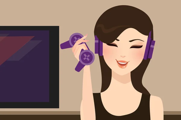 Dívka hráčské hospodářství radost držet, nosit headset — Stockový vektor