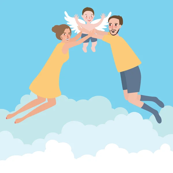 Par med sin baby familj flygande vingar glad till himlen — Stock vektor