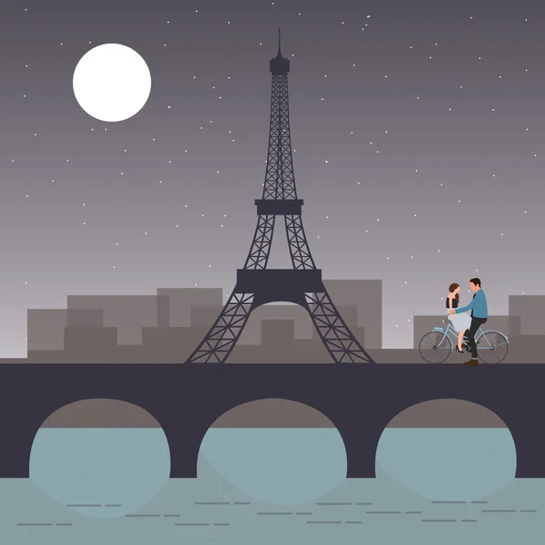 Pareja bicicleta en París con torre eiffel romántica noche ciudad cielo luna el puente — Vector de stock