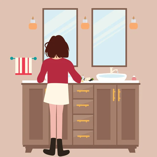 Mujer niña lavándose las manos en lavabo grifo lavabo lavabo inodoro baño interior — Vector de stock