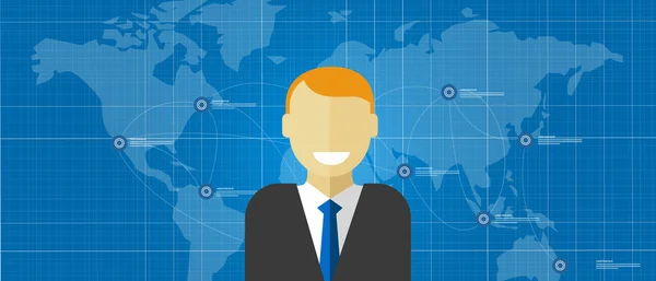 Líder mundial gerente ejecutivo global sonrisa masculina corporativa con mapa conectado — Vector de stock