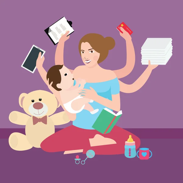 Woman mom multitasking super busy mother with baby working — Stock Vector