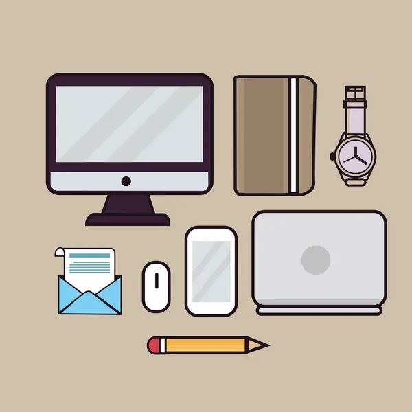 Línea arte ilustración esquema icono de la pantalla del ordenador portátil monitor libro relojes lápiz correo electrónico — Vector de stock